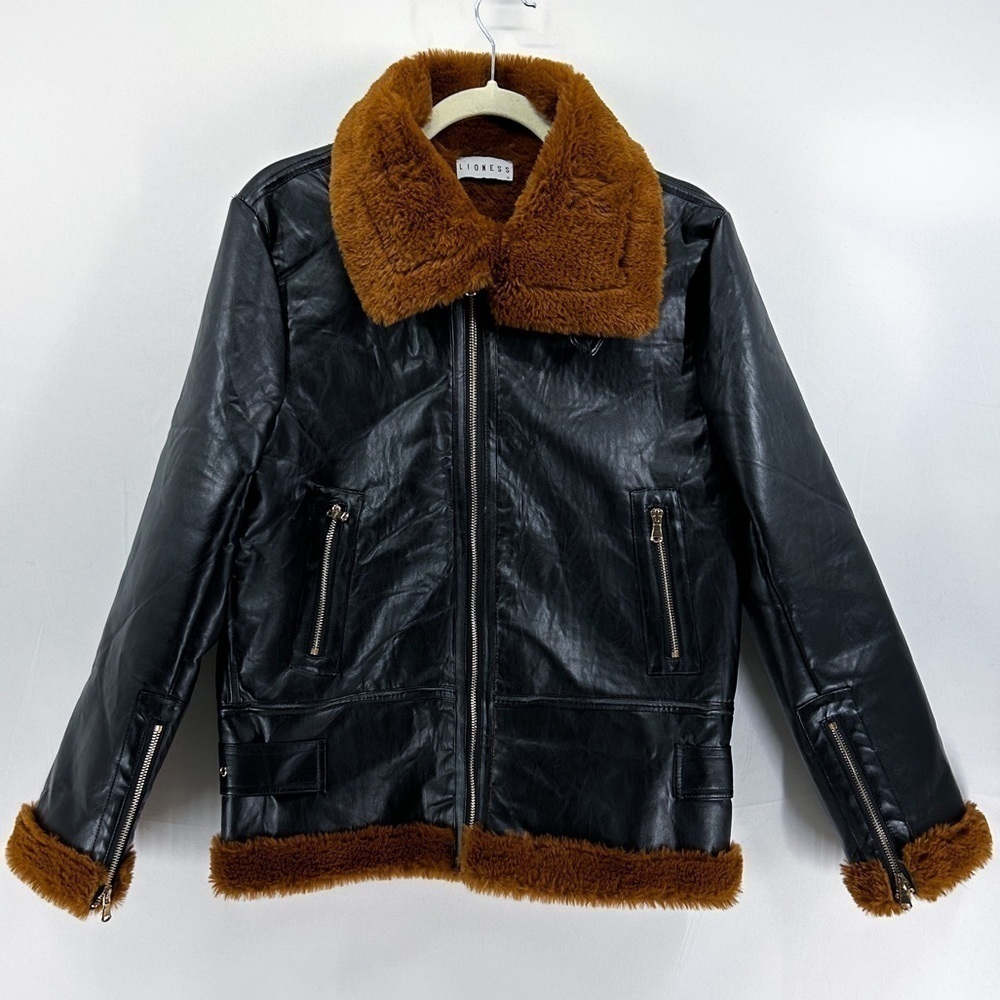 𝅺LIONESS Black Faux Leather Jacket Faux Fur Lining and Trim